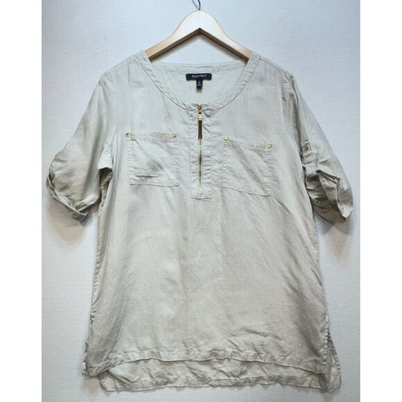Ellen Tracy Womens Linen Tunic Top Size L Sandstone Roll Tab Sleeve Gold Zip - Picture 1 of 12